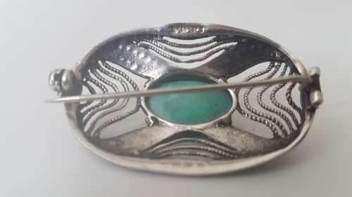 Intricate Sterling Silver Green Turquoise Filigree and Marcasite  Brooch. Exquisite. 7.8 grammes.