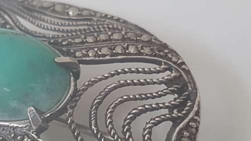 Intricate Sterling Silver Green Turquoise Filigree and Marcasite  Brooch. Exquisite. 7.8 grammes.
