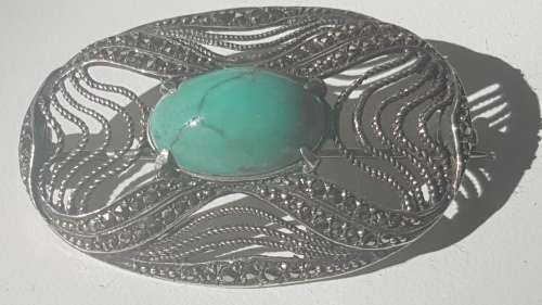 Intricate Sterling Silver Green Turquoise Filigree and Marcasite  Brooch. Exquisite. 7.8 grammes.