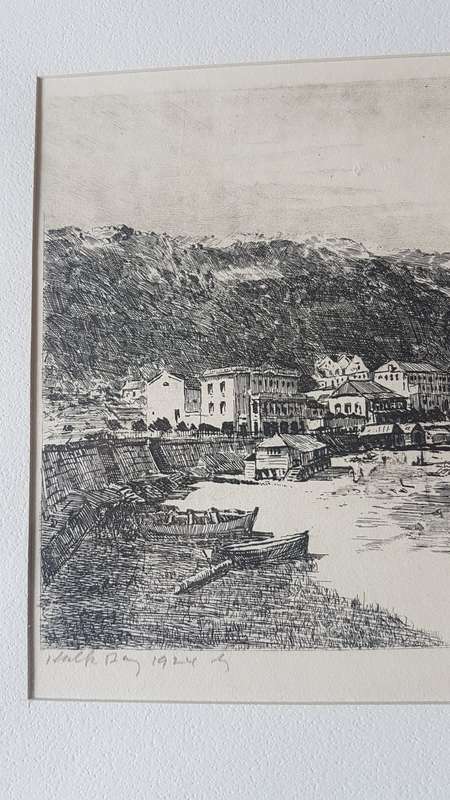 Tinus de Jongh. Kalk Bay 1924. Original etching, signed and with blindstamp. Framed. Excellent cond.