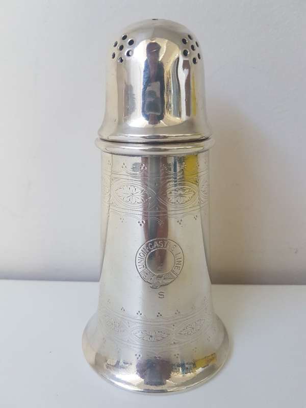 Large Union-Castle Line Sugar Shaker for Ship. Engraved. Silver Plated . Mappin and Webb. Excellent