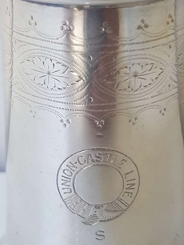 Large Union-Castle Line Sugar Shaker for Ship. Engraved. Silver Plated . Mappin and Webb. Excellent