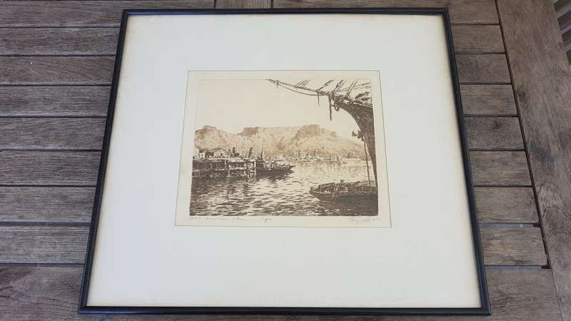 Tinus de Jongh.  Table Mountain and Waterfront Cape Town, 1920s.. Etching, original mount and frame.