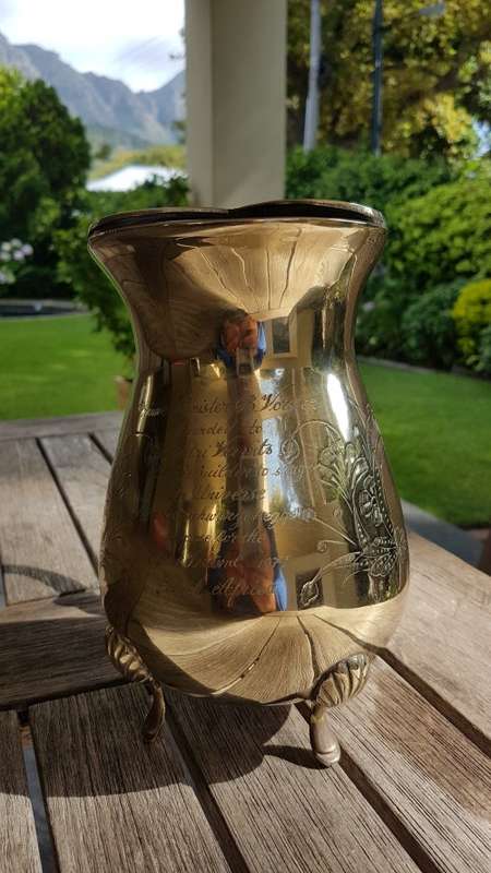 Prime Minister B.J. Vorster Presentation Engraved Brass Jug. Shiny condition.  Heavy. 1450 g.