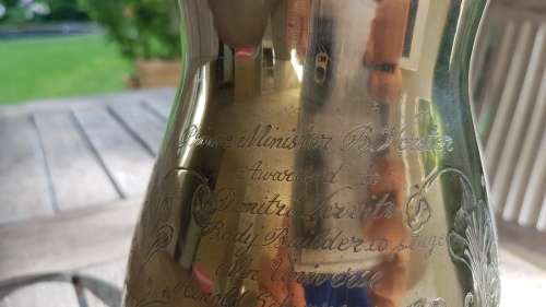 Prime Minister B.J. Vorster Presentation Engraved Brass Jug. Shiny condition.  Heavy. 1450 g.
