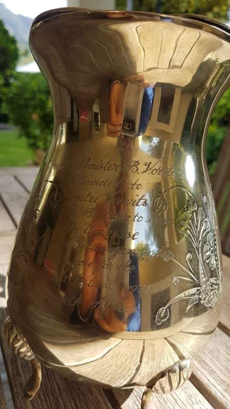 Prime Minister B.J. Vorster Presentation Engraved Brass Jug. Shiny condition.  Heavy. 1450 g.