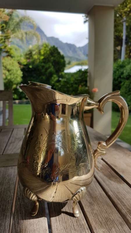 Prime Minister B.J. Vorster Presentation Engraved Brass Jug. Shiny condition.  Heavy. 1450 g.