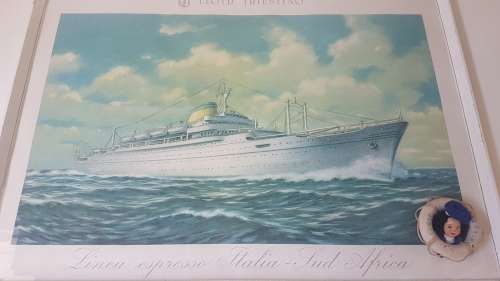 ORIGINAL  Mid-Century Cruise Liner Ship Poster. Lloyd Triestino.  Italia-Sud Africa. WITH MASCOT!