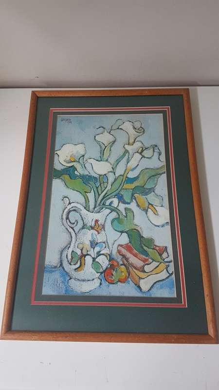 Gregoire Boonzaier . Still life of arum lilies in jug .  Colourful print in mount and frame.