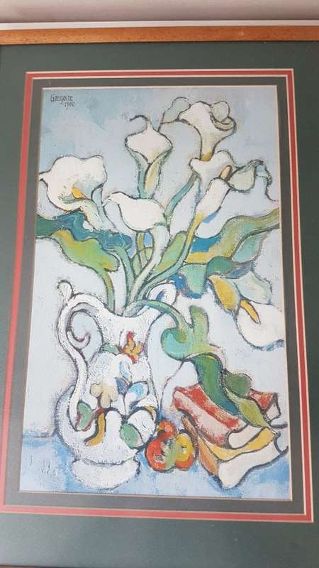 Gregoire Boonzaier . Still life of arum lilies in jug .  Colourful print in mount and frame.