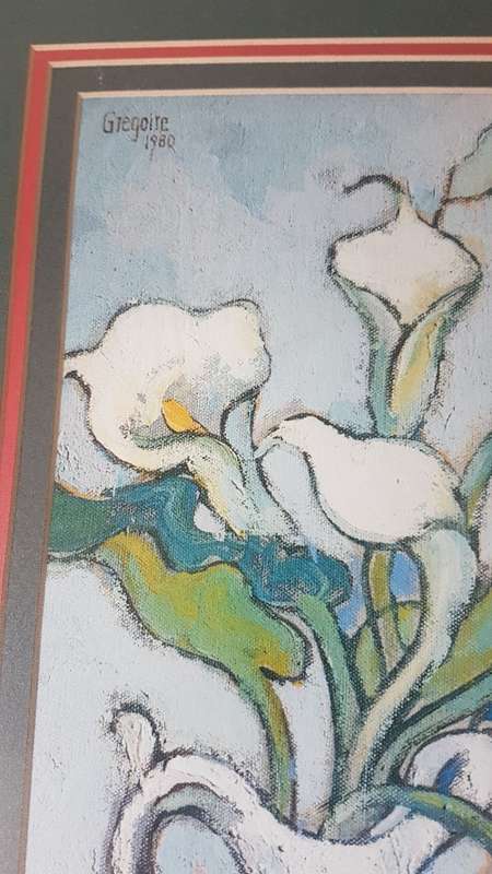 Gregoire Boonzaier . Still life of arum lilies in jug .  Colourful print in mount and frame.