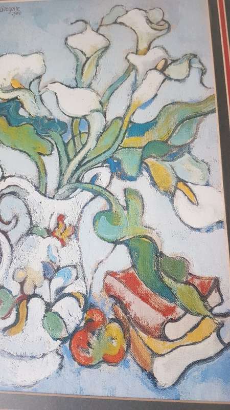 Gregoire Boonzaier . Still life of arum lilies in jug .  Colourful print in mount and frame.