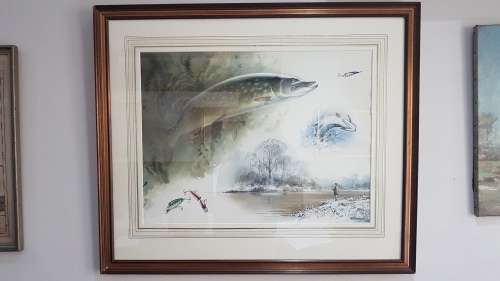 Rodger McPhail (1953-).  Pike Fishing. Large Original Watercolour. TOP WILDLIFE SPORTING  ARTIST.