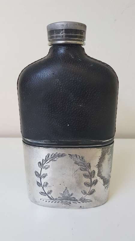 Victorian Gentleman's Hip Flask and Cup. Silver Plate,  Engravings. Leather Bound . Usable.