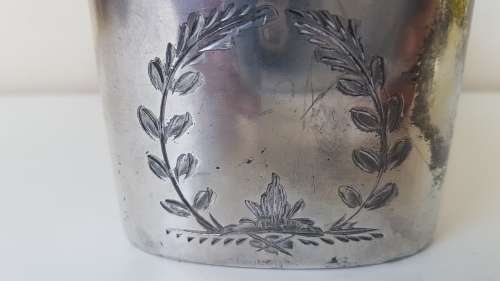 Victorian Gentleman's Hip Flask and Cup. Silver Plate,  Engravings. Leather Bound . Usable.
