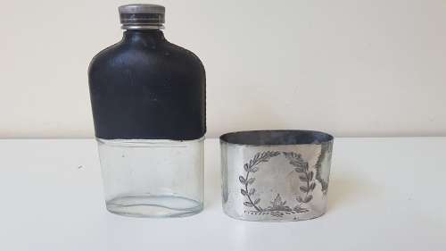 Victorian Gentleman's Hip Flask and Cup. Silver Plate,  Engravings. Leather Bound . Usable.