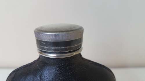 Victorian Gentleman's Hip Flask and Cup. Silver Plate,  Engravings. Leather Bound . Usable.