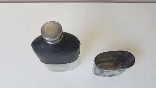 Victorian Gentleman's Hip Flask and Cup. Silver Plate,  Engravings. Leather Bound . Usable.