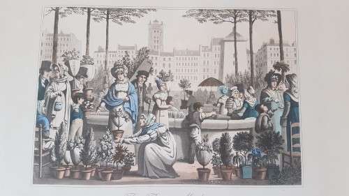 Original Colour Aquatint. The Flower Market  from `A Tour Through Paris`, 1822.  by William Sams