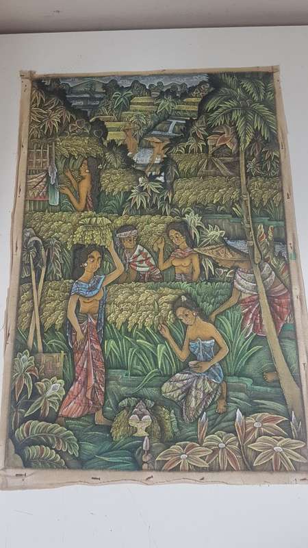 Painting  of Bali Terraces, Figures Harvesting Rice on Cloth. Signed on back.