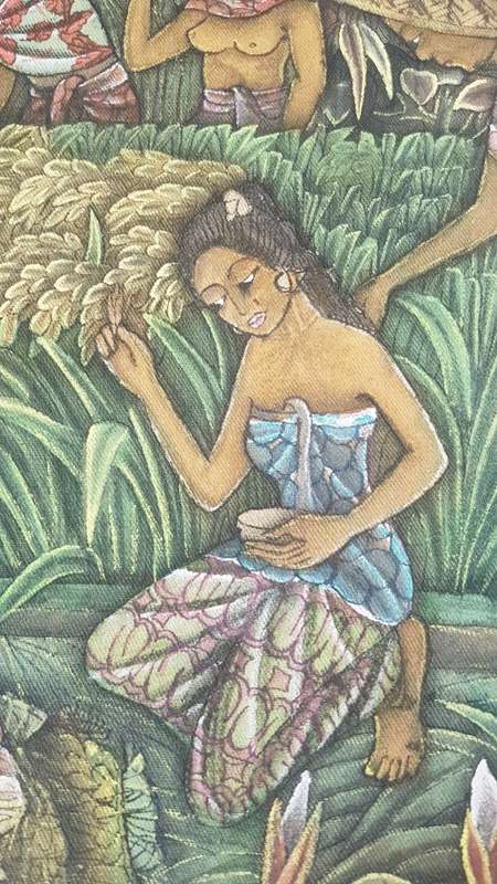 Painting  of Bali Terraces, Figures Harvesting Rice on Cloth. Signed on back.