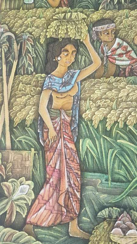 Painting  of Bali Terraces, Figures Harvesting Rice on Cloth. Signed on back.