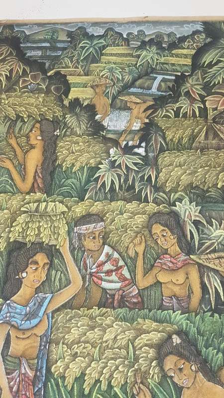 Painting  of Bali Terraces, Figures Harvesting Rice on Cloth. Signed on back.