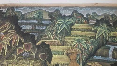 Painting  of Bali Terraces, Figures Harvesting Rice on Cloth. Signed on back.