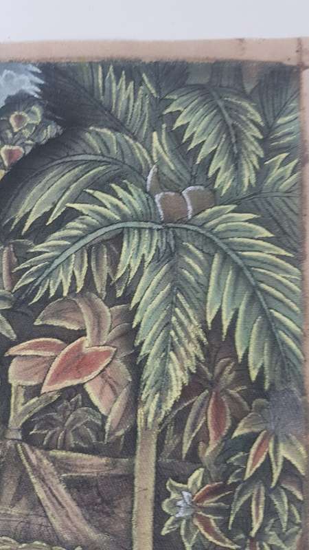 Painting  of Bali Terraces, Figures Harvesting Rice on Cloth. Signed on back.
