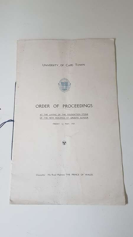 University of Cape Town. Order of Proceedings: New buildings, Groote Schuur, 1925