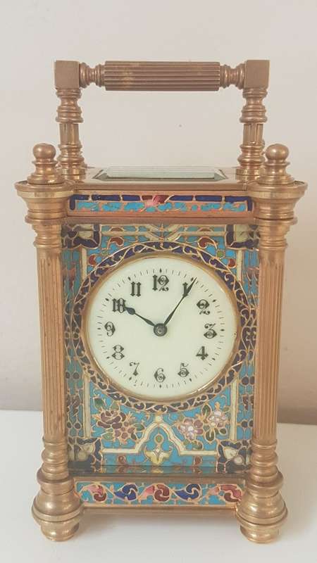 Fine French Art Nouveau Gold Champlevé Enamel Carriage Clock. Working with Key,  Leather Travel Box