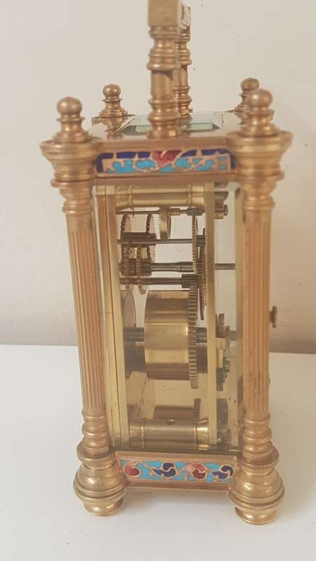 Fine French Art Nouveau Gold Champlevé Enamel Carriage Clock. Working with Key,  Leather Travel Box