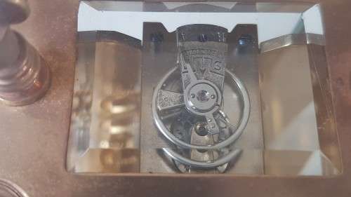 Fine French Art Nouveau Gold Champlevé Enamel Carriage Clock. Working with Key,  Leather Travel Box