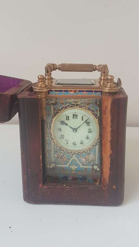 Fine French Art Nouveau Gold Champlevé Enamel Carriage Clock. Working with Key,  Leather Travel Box