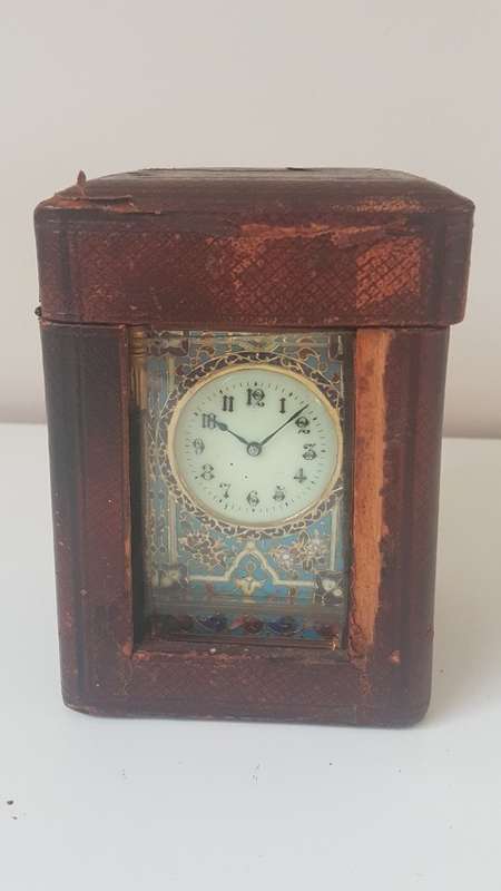 Fine French Art Nouveau Gold Champlevé Enamel Carriage Clock. Working with Key,  Leather Travel Box