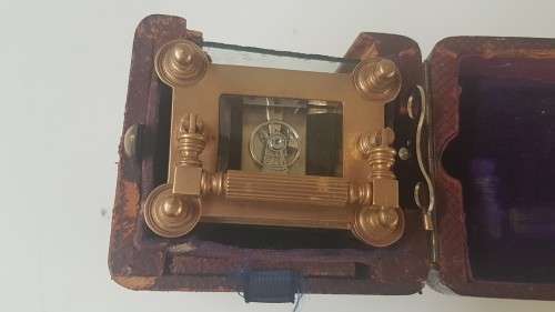 Fine French Art Nouveau Gold Champlevé Enamel Carriage Clock. Working with Key,  Leather Travel Box