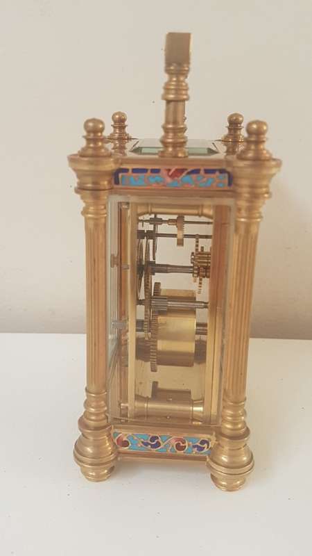 Fine French Art Nouveau Gold Champlevé Enamel Carriage Clock. Working with Key,  Leather Travel Box