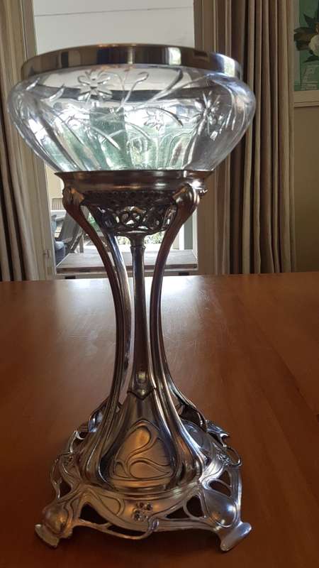 Art Nouveau Centrepiece Silver Plate and Cut Glass Bowl with Silver Rim.  WMF . Large, 40 cm high!