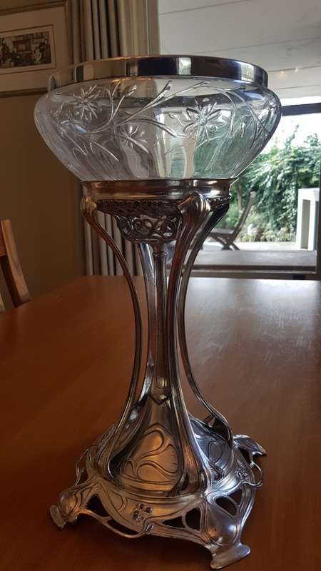Art Nouveau Centrepiece Silver Plate and Cut Glass Bowl with Silver Rim.  WMF . Large, 40 cm high!