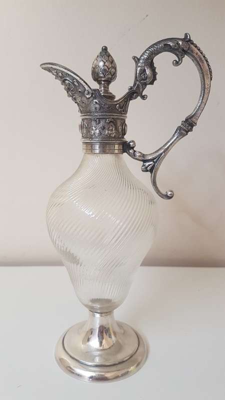 Claret Jug WMF Ornate Silver Plate and Swirled Glass. Acorn Stopper and Dragon Handle. Ex. condition