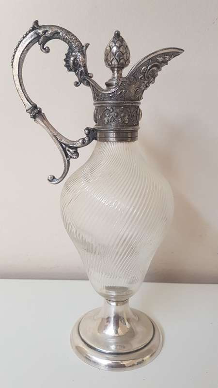 Claret Jug WMF Ornate Silver Plate and Swirled Glass. Acorn Stopper and Dragon Handle. Ex. condition