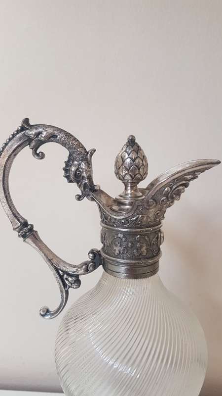 Claret Jug WMF Ornate Silver Plate and Swirled Glass. Acorn Stopper and Dragon Handle. Ex. condition