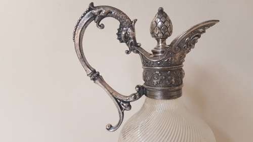 Claret Jug WMF Ornate Silver Plate and Swirled Glass. Acorn Stopper and Dragon Handle. Ex. condition