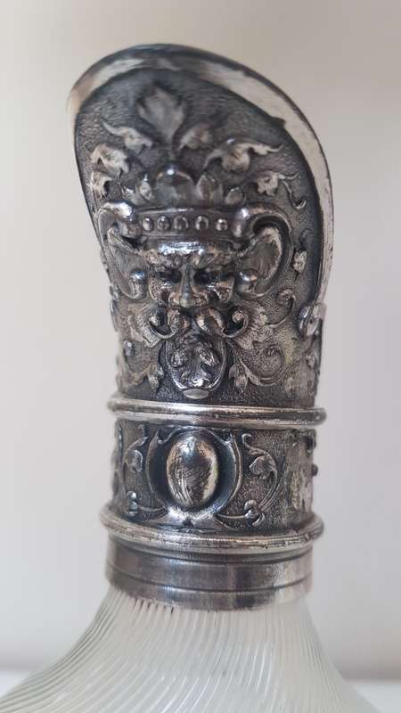 Claret Jug WMF Ornate Silver Plate and Swirled Glass. Acorn Stopper and Dragon Handle. Ex. condition