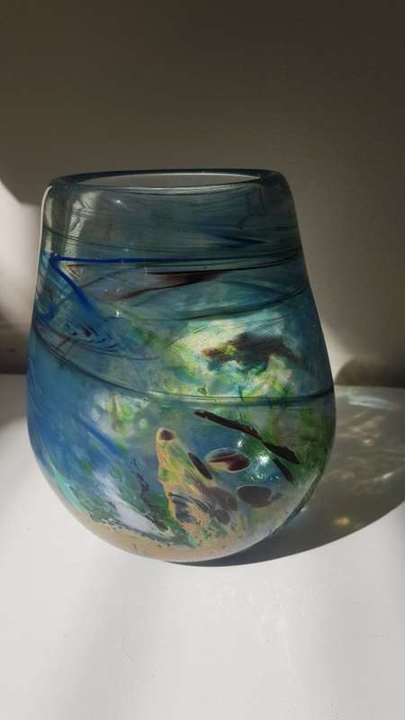 Shirley Cloete  (1921-2010). Signed Hand Made VASE.  Swirled hand blown colour glass. Pro glassmaker