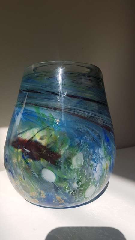 Shirley Cloete  (1921-2010). Signed Hand Made VASE.  Swirled hand blown colour glass. Pro glassmaker