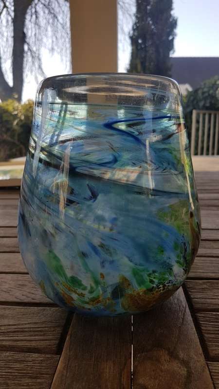 Shirley Cloete  (1921-2010). Signed Hand Made VASE.  Swirled hand blown colour glass. Pro glassmaker