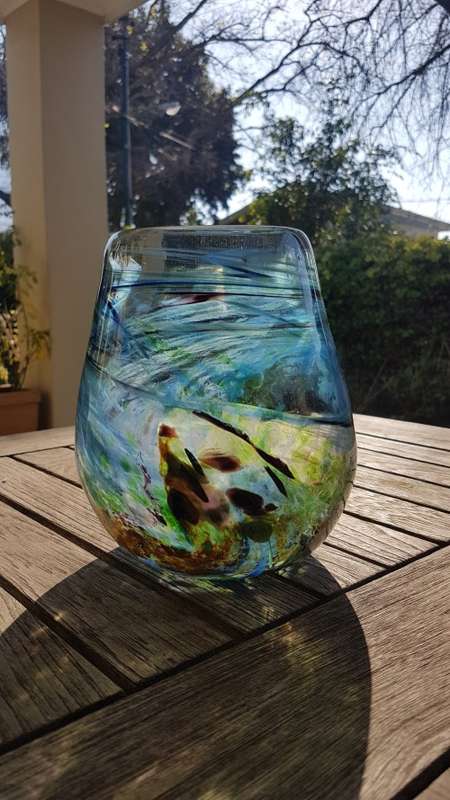 Shirley Cloete  (1921-2010). Signed Hand Made VASE.  Swirled hand blown colour glass. Pro glassmaker