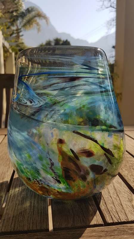 Shirley Cloete  (1921-2010). Signed Hand Made VASE.  Swirled hand blown colour glass. Pro glassmaker