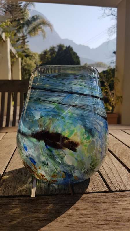 Shirley Cloete  (1921-2010). Signed Hand Made VASE.  Swirled hand blown colour glass. Pro glassmaker